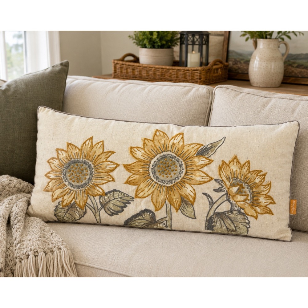 LovingKindness Sunflower Embroidered Lumbar Throw Pillow 28x13 Zippered Cover